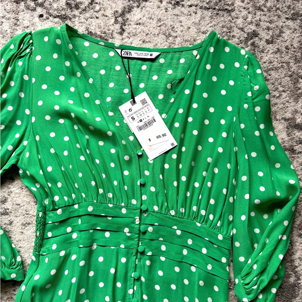 NWT zara green white button polka dot midi dress small - Picture 5 of 7